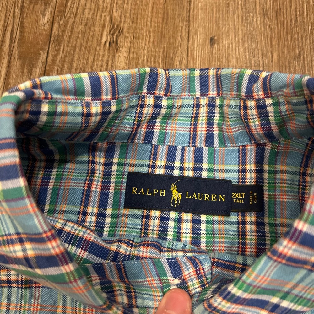 Ralph Lauren Mens 2XLT Plaid Button Down Shirt Blue Green Long Sleeve Tall - Picture 3 of 5